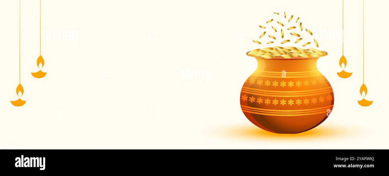 goldener Münztopf für shubh Dhanteras festliches Poster Design Vektor Stock Vektor