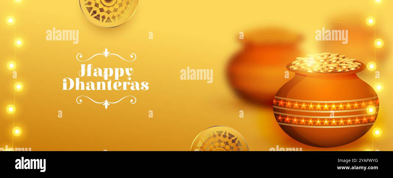 indische kulturelle glückliche Dhanteras Kulturbanner mit goldenem Münztopf Vektor Stock Vektor