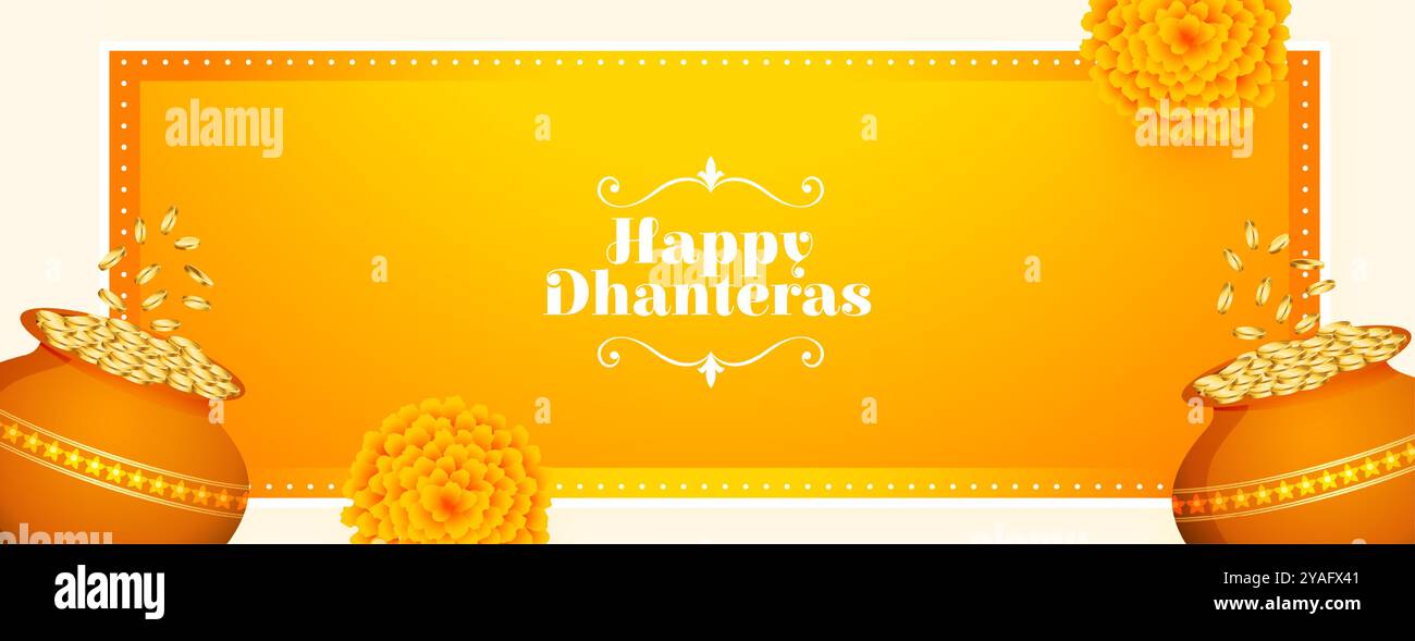 indisches Festival Happy Dhanteras traditionelles Banner mit goldenem Münztopf Vektor Stock Vektor