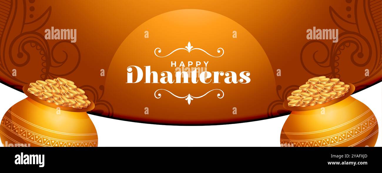 hindufest Happy Dhanteras wünscht Banner mit Gold Münztopf Design Vektor Stock Vektor