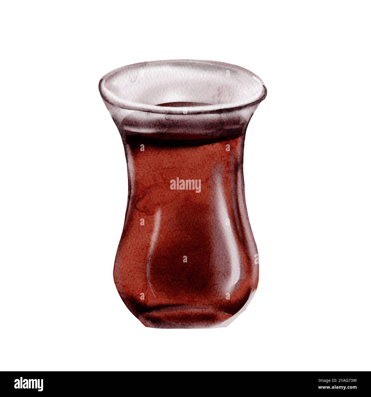 Klassischer türkischer Tee. Glas mit schwarzem Tee. Traditionen der Türkei. Aquarellabbildung. Kein Hintergrund. Stockfoto