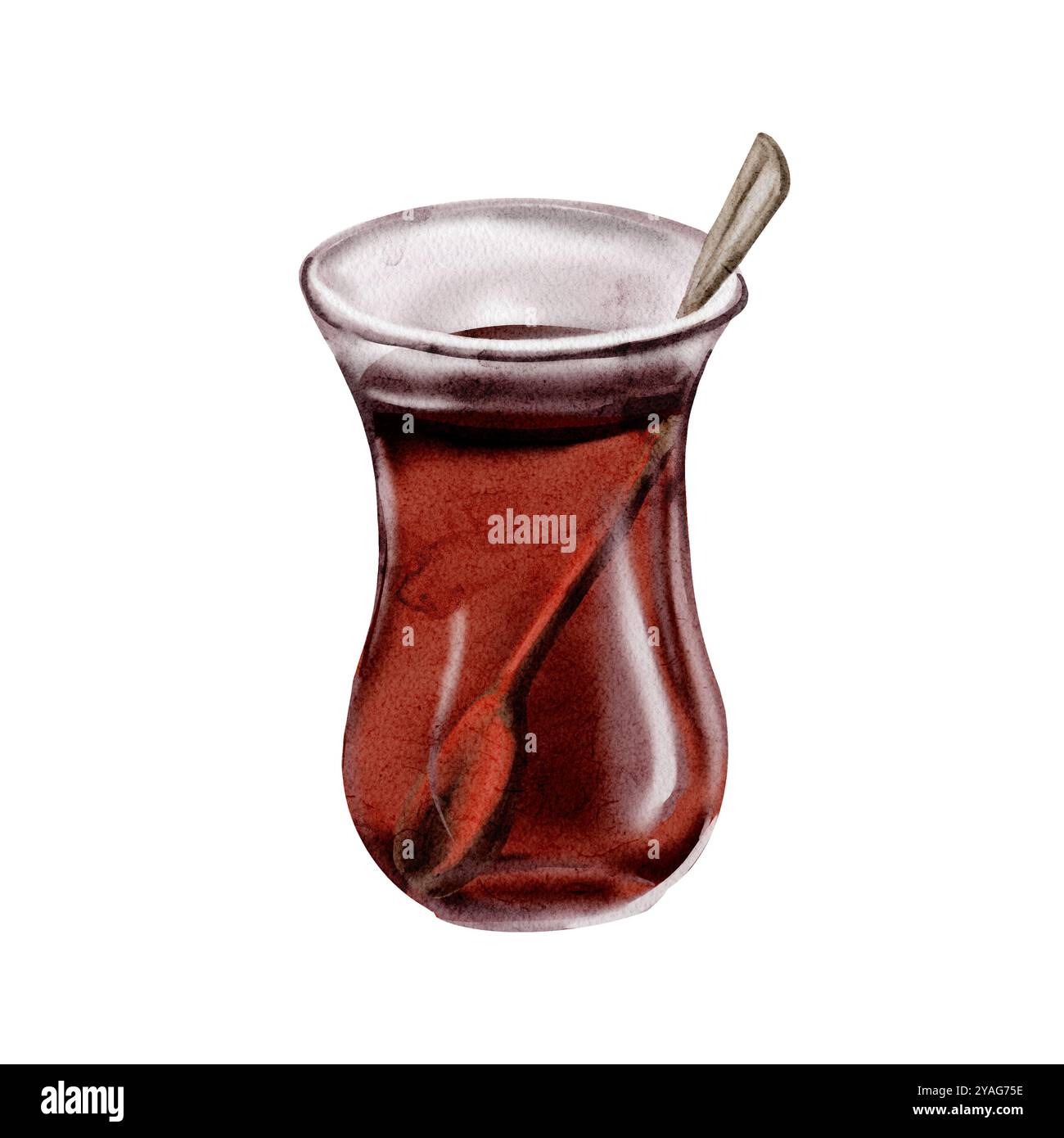 Klassischer türkischer Tee. Glas mit schwarzem Tee. Traditionen der Türkei. Glas mit einem Teelöffel. Aquarellabbildung. Kein Hintergrund Stockfoto