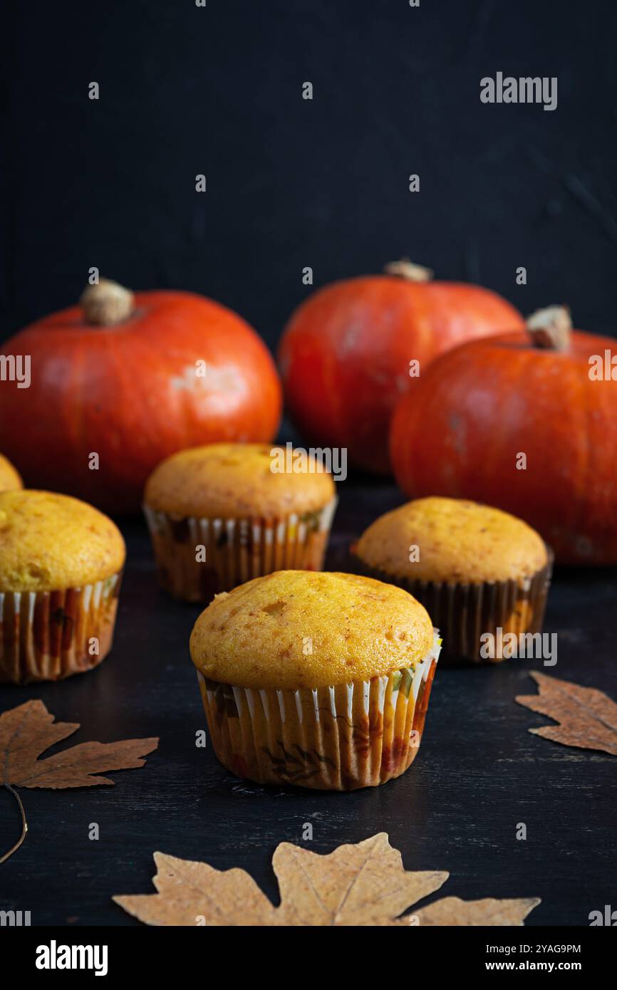 Kürbis- und Schokoladenmuffins oder Cupcakes. Halloween Deko mit Muffins. Herbstdessert Stockfoto