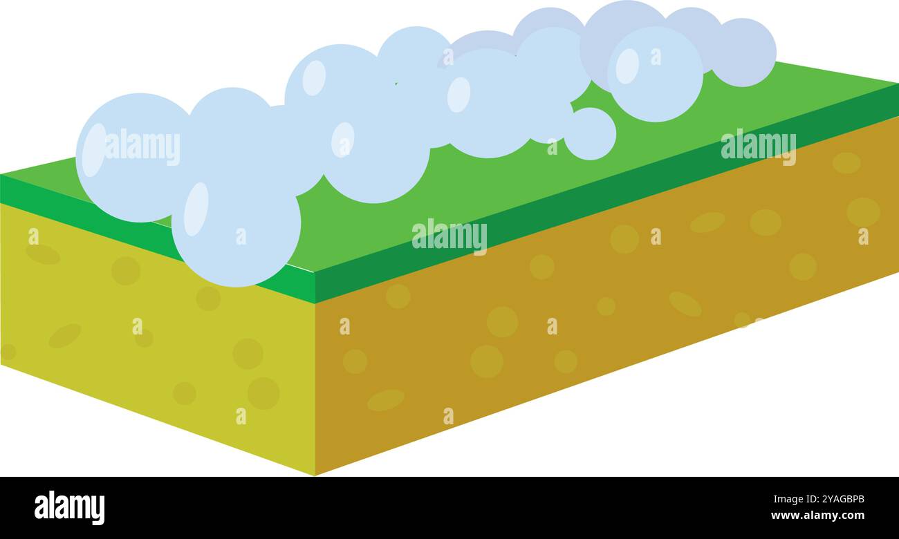 Gelber Reinigungsschwamm mit Seifenblasen zum Waschen und Baden. Vektorabbildung. Stock Vektor