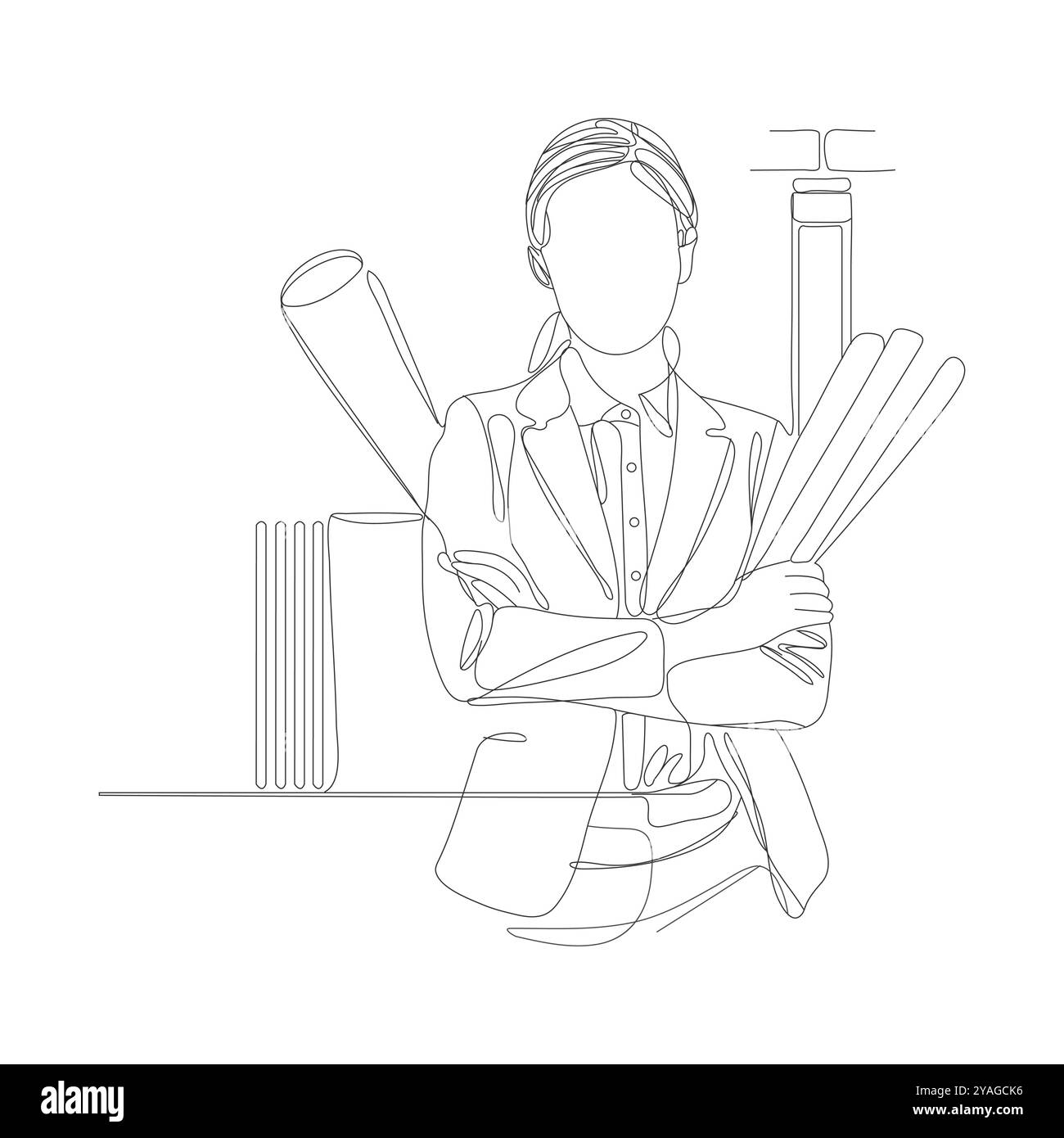 Einzelne durchgehende Linienzeichnung einer jungen Architektin mit Blaudruckpapier-Pose-Traversen. Beruflicher Berufsberuf. Minimalismus-Konzept Stock Vektor