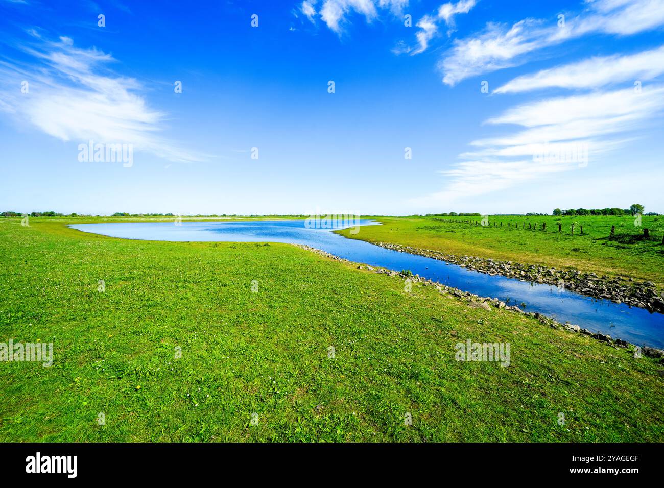 Landschaft auf der Bislichen Insel bei Xanten im Stadtteil Wesel. Naturschutzgebiet auf der Auenlandschaft am Niederrhein. Stockfoto