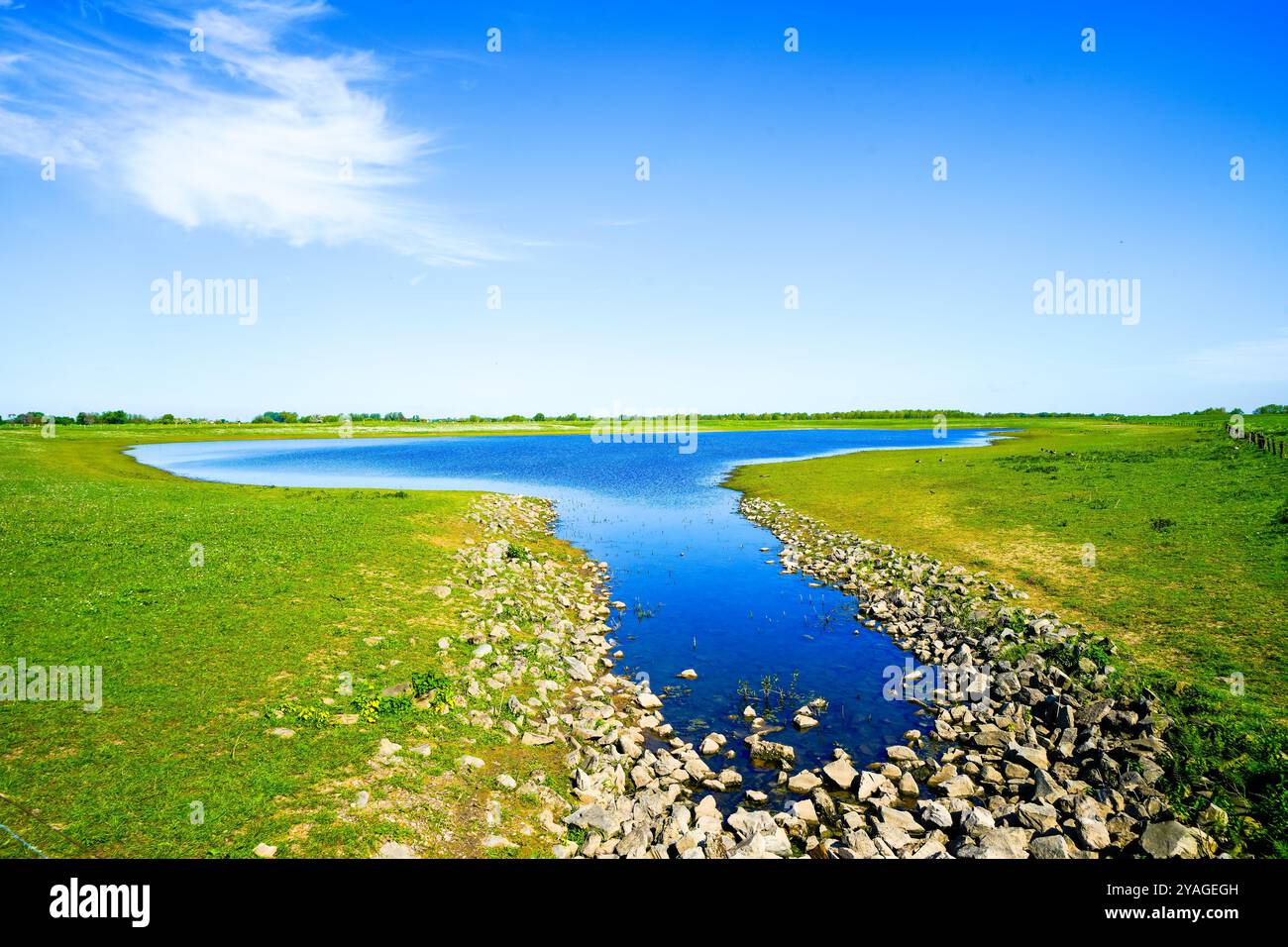 Landschaft auf der Bislichen Insel bei Xanten im Stadtteil Wesel. Naturschutzgebiet auf der Auenlandschaft am Niederrhein. Stockfoto