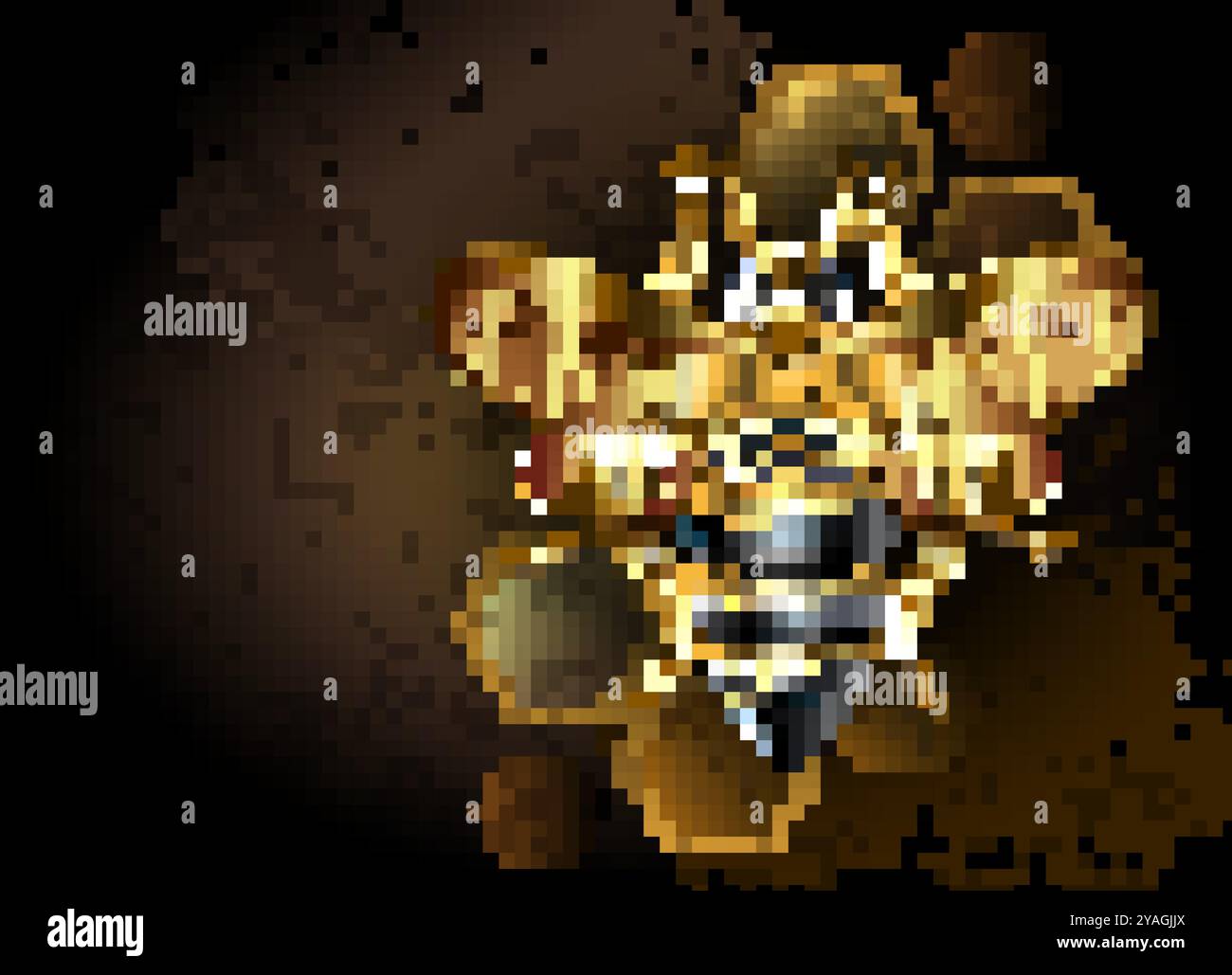 Künstlerisch gezeichnete, goldene, glänzende mechanische Biene mit filigranen funkelnden Flügeln auf braun strukturiertem Hintergrund mit transparenten Waben. Goldener Mecha Stock Vektor