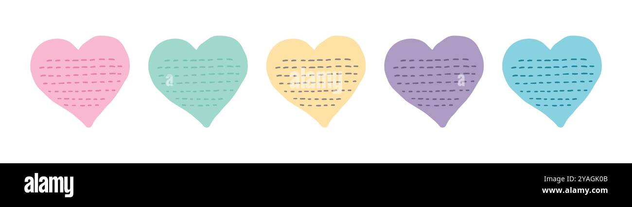Set aus farbenfrohen, herzförmigen Haftnotizen mit Linien auf weißem Hintergrund. Konzept kreativer Schreibwaren, Liebesnotizen, dekorativer Schulunterlage Stock Vektor