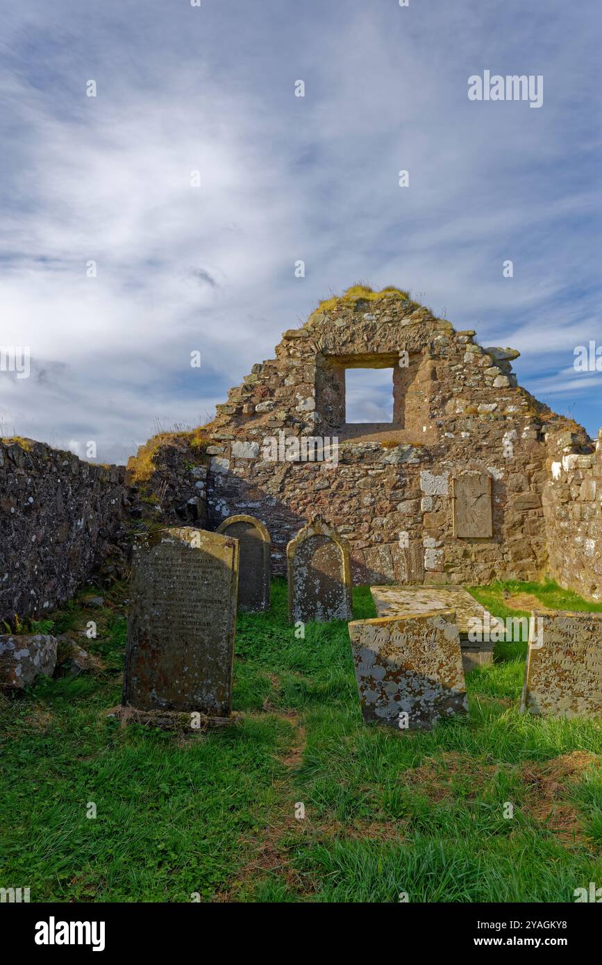 In der Ruine der Kapelle St. Maria und St. Nathalan vor der Küstenstadt Stonehaven mit Blick auf das Fenster des East Giebels. Stockfoto