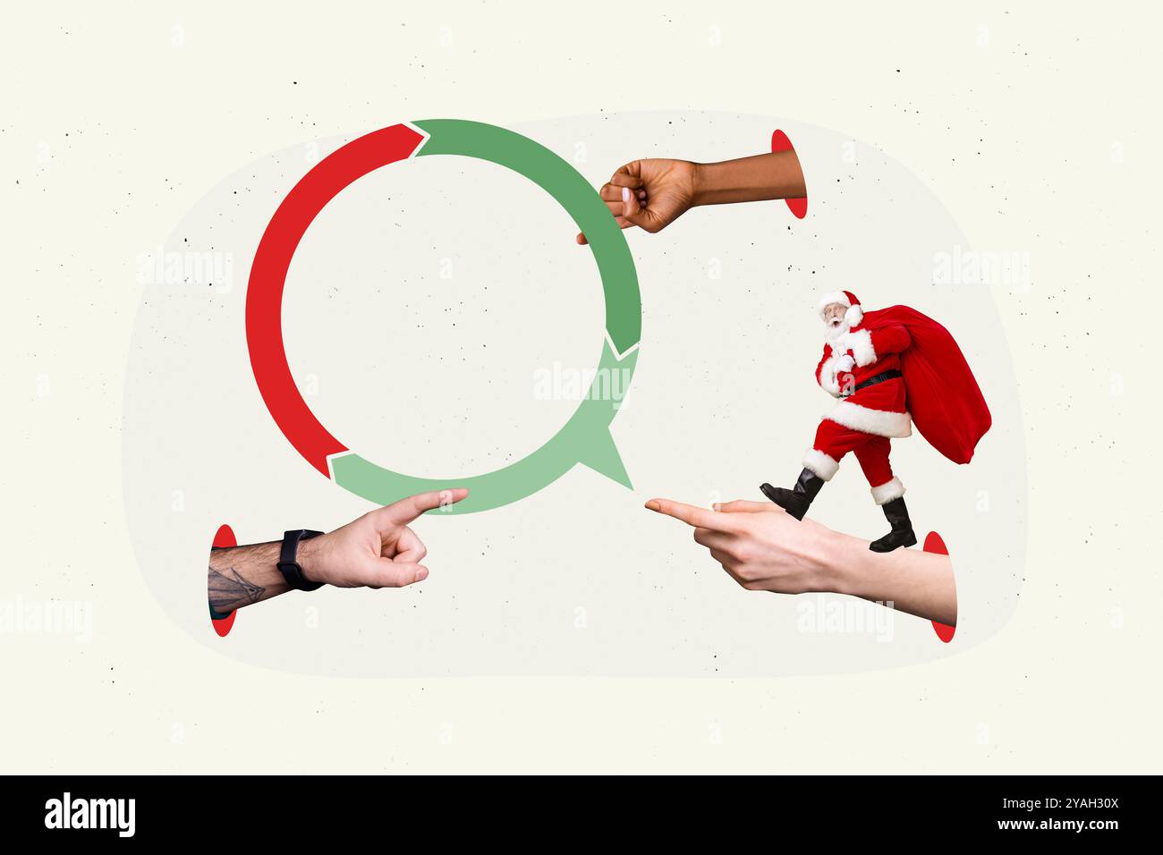 Trend-Kunstwerk Skizze Collage des Winterneujahrs Frohe weihnachten Diagramm Arbeit Finger Punkt Pfeil Händler Geschäftsziel Alter Mann santa Walk Stockfoto