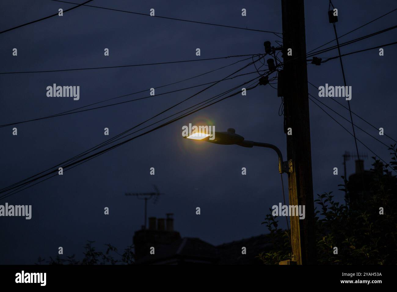 Einzelnes orangefarbenes Straßenlicht, das vor einem Dämmerhimmel mit Dachsilhouetten leuchtet. Stockfoto
