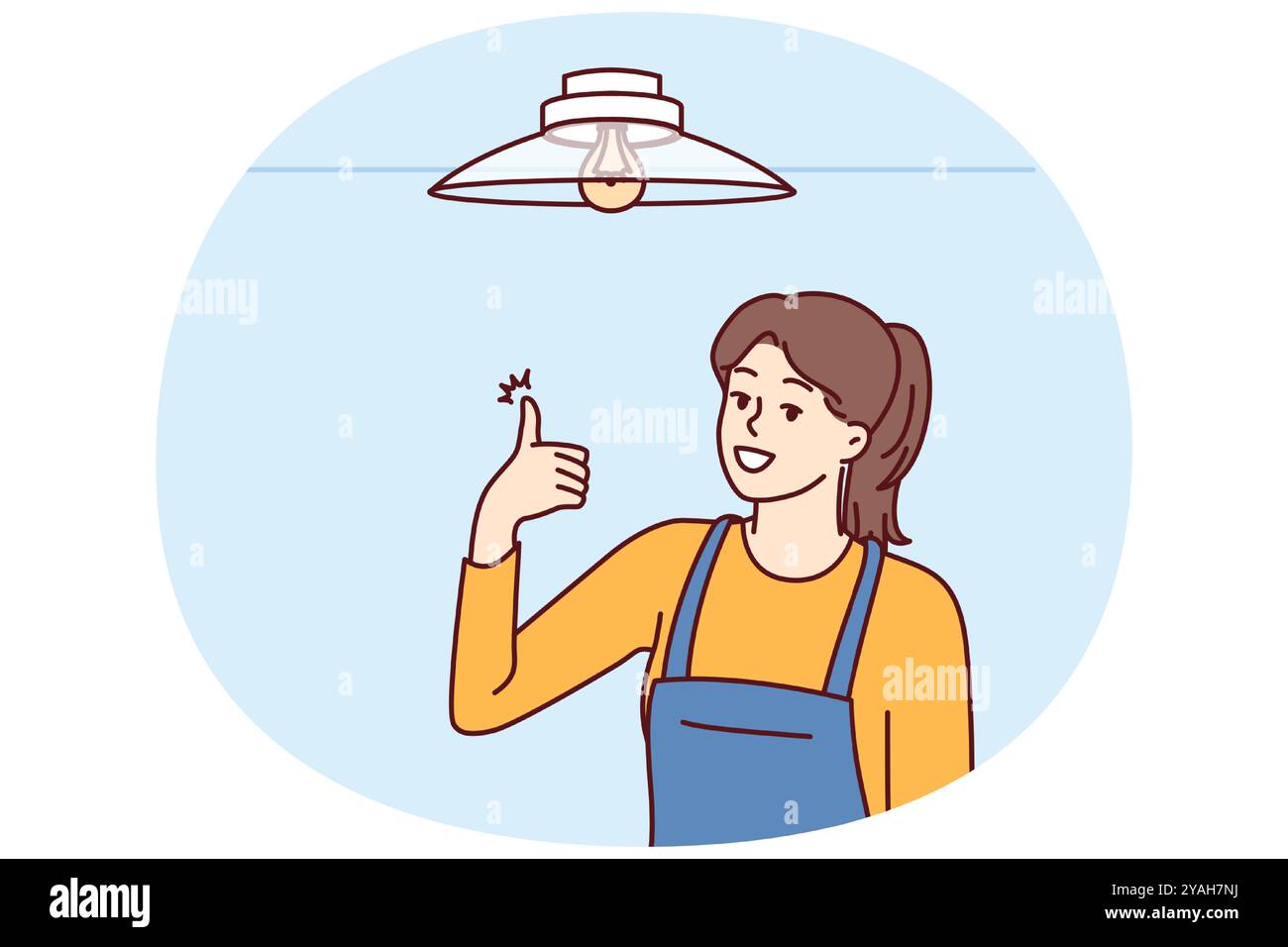 Elektrikerin zeigt Daumen nach dem Befestigen des Kronleuchters oder Austauschen der Glühbirne unter der Decke. Ein Mädchen im Overall arbeitet als Elektriker und führt die Aufgaben der Elektrizitätsversorgung effizient aus Stock Vektor