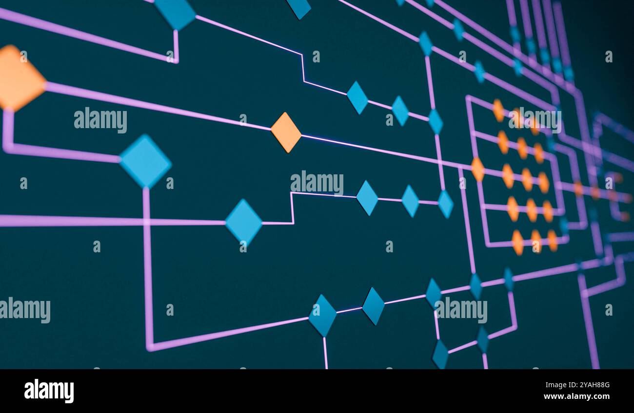 Netzwerk, Knotenbaum, Konzept, Dezision, Verbindung. Knotenbaum, Flussdiagramm, Konzept, industrieller Prozess, Entscheidung, Verbindung. Linienrichtung, verbunden mit orangefarbenen und blauen Quadraten, Netzwerk. Img_node_tree007s04_Concept Stockfoto
