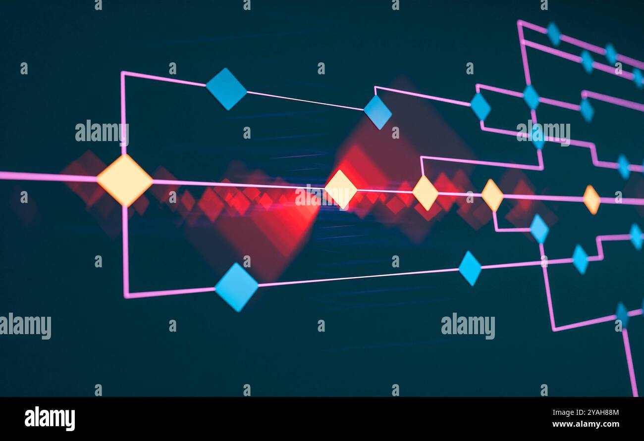 Netzwerk, Knotenbaum, Konzept, Dezision, Verbindung. Knotenbaum, Flussdiagramm, Konzept, industrieller Prozess, Entscheidung, Verbindung. Linienrichtung, verbunden mit orangefarbenen und blauen Quadraten, Netzwerk. Img node tree007s01 Concept Stockfoto
