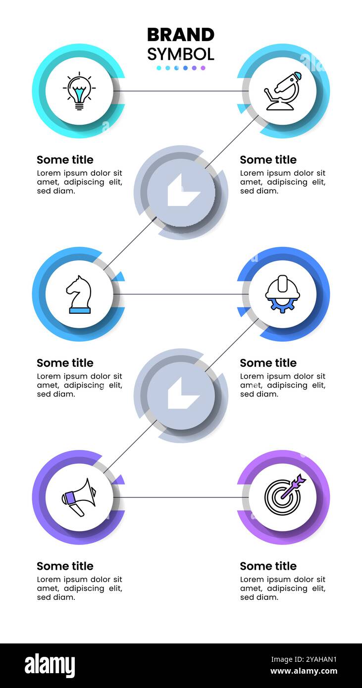 Infografik-Vorlage mit Symbolen und 6 Optionen oder Schritten. Vertikale Linie. Kann für Workflow-Layout, Diagramm, Banner und Webdesign verwendet werden. Vektorillustratio Stock Vektor