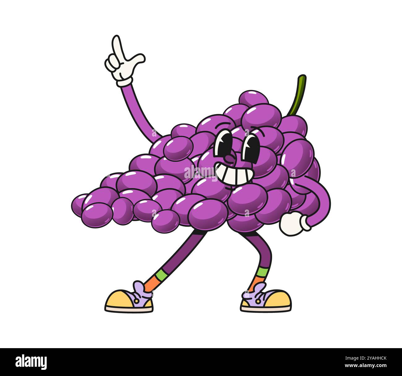 Cartoon groovige Traubenfrucht Charakter. Isolierte Vektorreife Trauben Clusterfigur trägt Retro-Turnschuhe und -Handschuhe, tanzt fröhlich, lächelnd und blinkend zeigendes Schild mit lustigen und skurrilen Vibes Stock Vektor