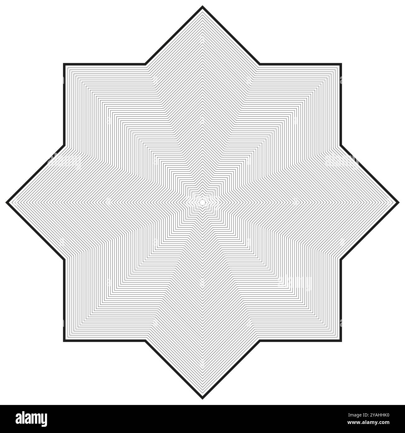 Sternförmiges geometrisches Muster. Optischer Illusionsvektor. Feine lineare Details. Achtzackiger abstrakter Stern. Stock Vektor