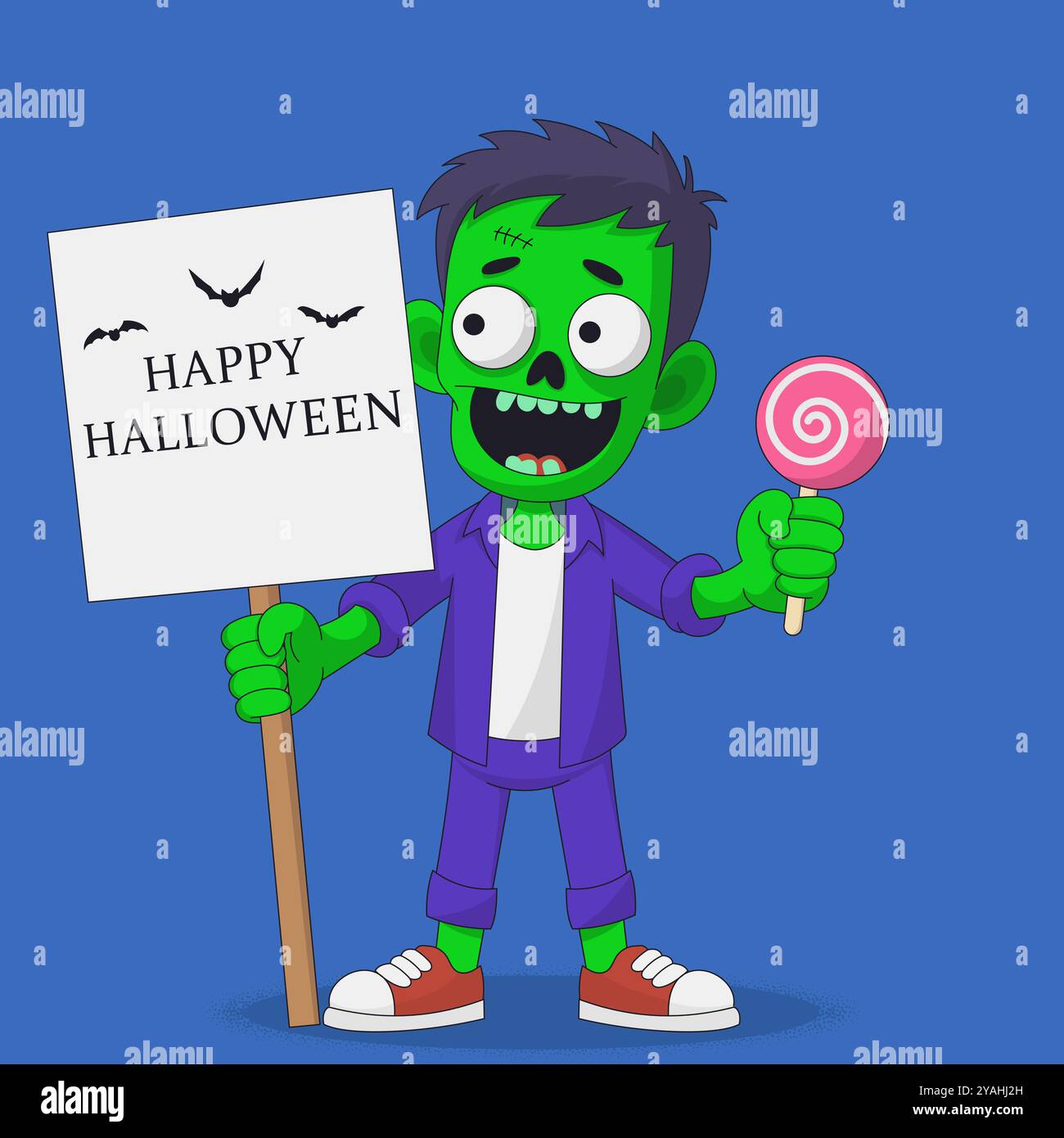 Halloween-Grußkarte. Zombie hält Banner mit einem fröhlichen Halloween-Gruß. EPS10 Stock Vektor