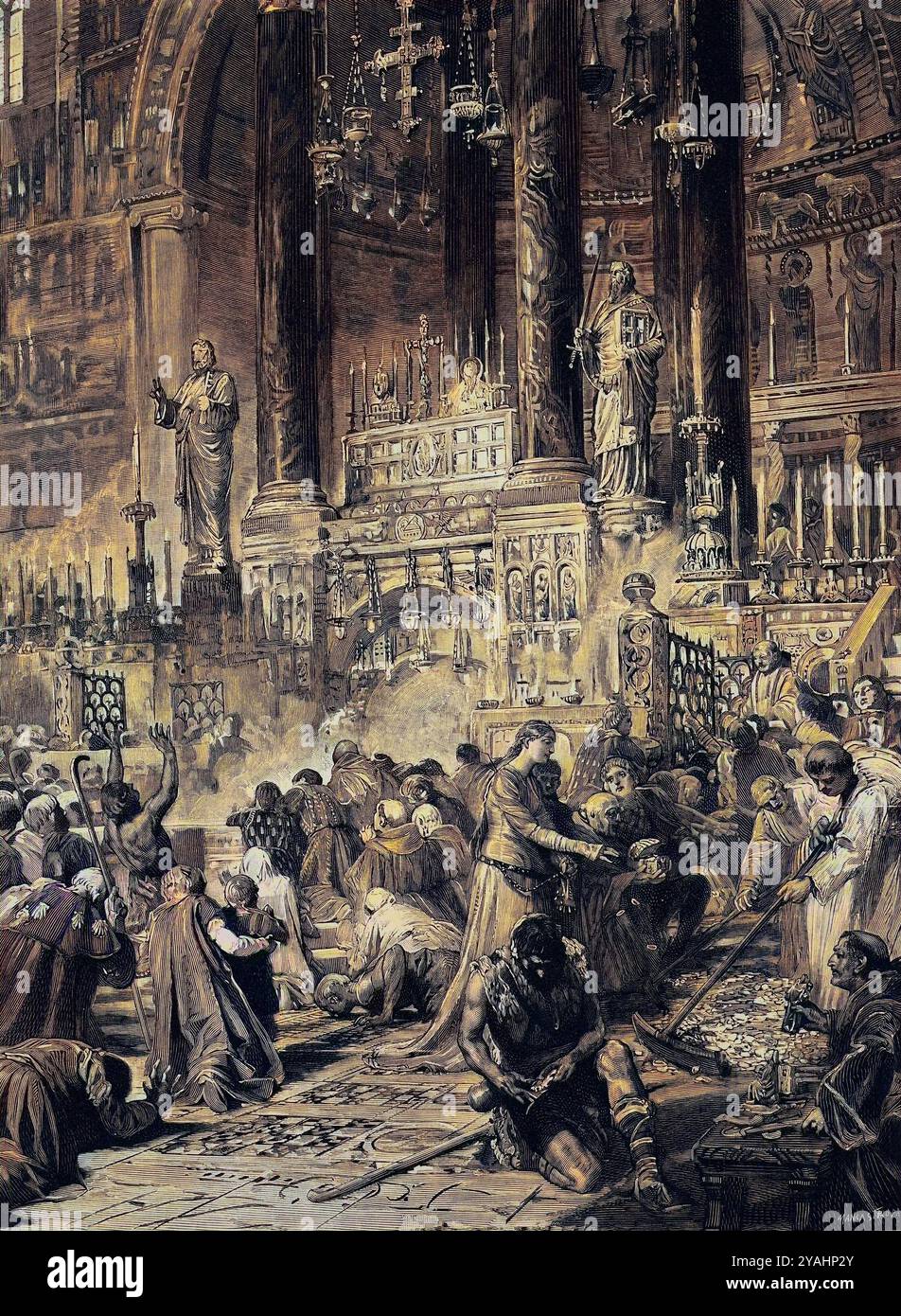 Gläubige in einer Kirche in Rom während des von Papst Bonifatius VIII. Proklamierten Jubiläums 1300 - Fidèles dans une église de Rome Anhänger le Jubilé de 1300 proclamé par le Pape Bonifatius VIII, gravure du 19eme siecle - Stockfoto