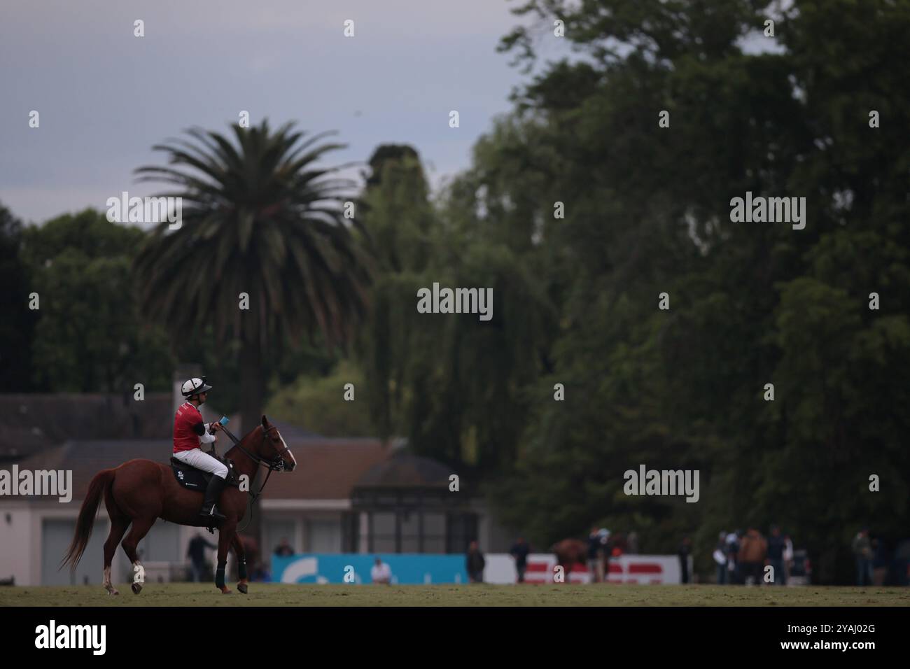 Tortugitas, Buenos Aires - 13. Oktober 2024: In der zweiten Runde der 84. Tortugas Country Club Open, präsentiert von Jumbo, triumphierte La Dolfina Saudi mit einem Sieg von 17-13 auf Feld 5 über La Hache Cría & Polo. Gonzalo Ferrari trat für den verletzten Adolfito Cambiaso ein, und La Dolfina fand ihren Rhythmus vom zweiten Chukker, gewann ihn 4-0 und übernahm die Kontrolle über das Spiel. Poroto Cambiaso stieß mit 8 Toren (sechs im Elfmeterschießen) auf, während Pelón Stirling und Juan M. Nero zu einer starken Teamleistung beitrugen. Trotz der frühen Verletzung von Facundo Sola beim ersten Chukker Ignacio Laprida Stockfoto