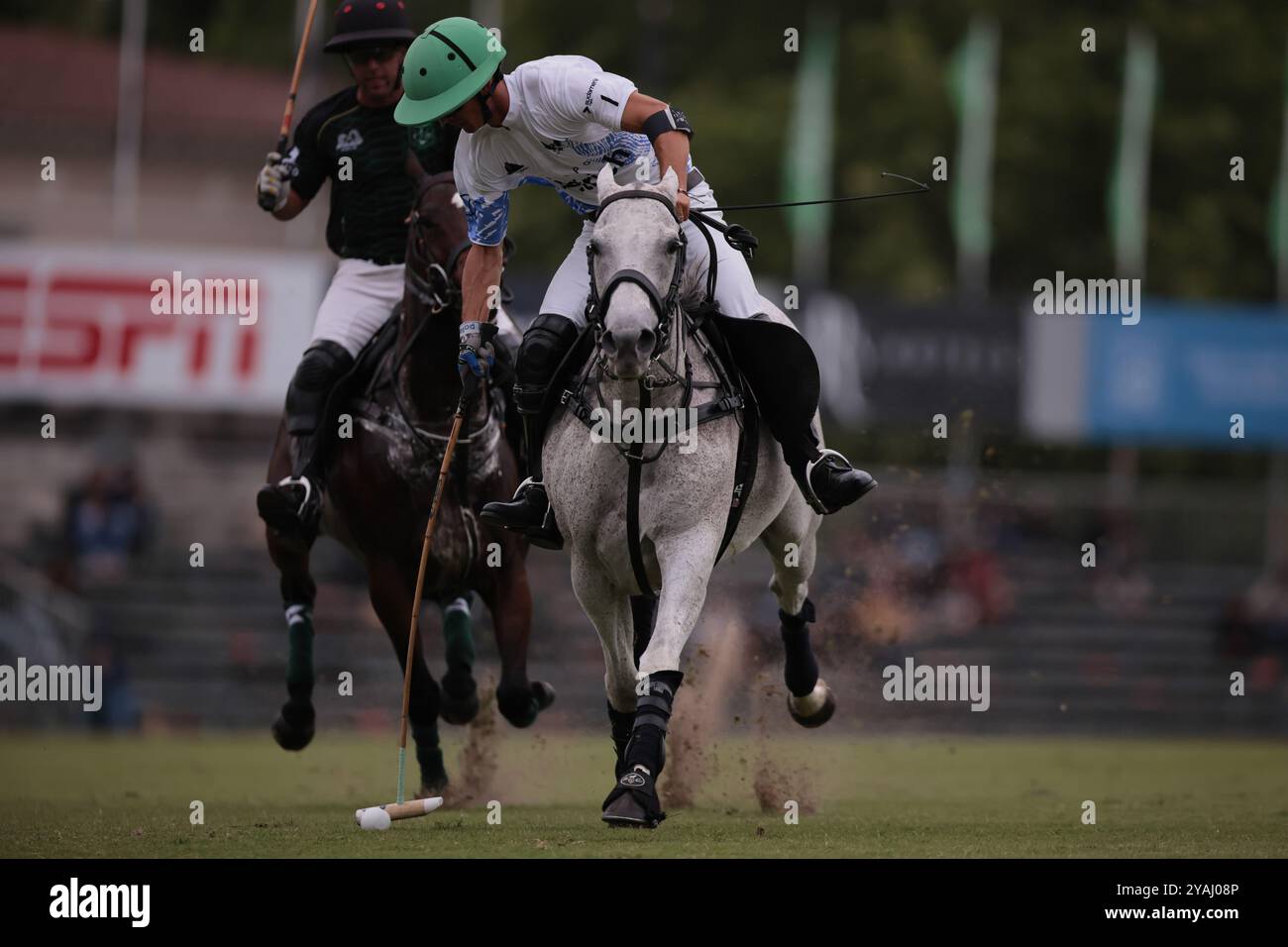 Tortugitas, Buenos Aires - 13. Oktober 2024: In der Fortsetzung der zweiten Runde (erste in Zone B) der 84. Tortugas Country Club Open, präsentiert von Jumbo, sicherte sich das La Hache Polo Team einen 13-10 Sieg über La Ensenada Dietrich auf Feld 7, beide Teams spielten mit gleichem Handicap. La Ensenada startete stark, Jerónimo del Carril war in der ersten Halbzeit hervorragend und gab seinem Team einen Vorsprung von 4 Toren, so dass das La Hache Polo Team in der Halbzeit um 3 lag. In der zweiten Halbzeit kam es jedoch zu einer kompletten Wende, als Fran Elizalde und Tommy Panelo begannen, Polito Pieres und Hilario Ulloa, Shifti, zu unterstützen Stockfoto