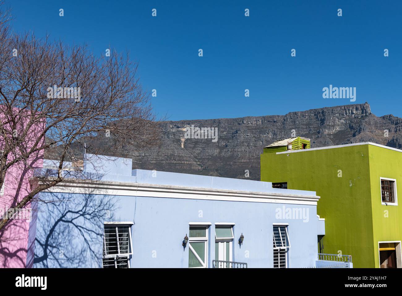 Blick auf den Tafelberg über die Gipfel der Gebäude in Bo-Kaap in Kapstadt, Südafrika Stockfoto