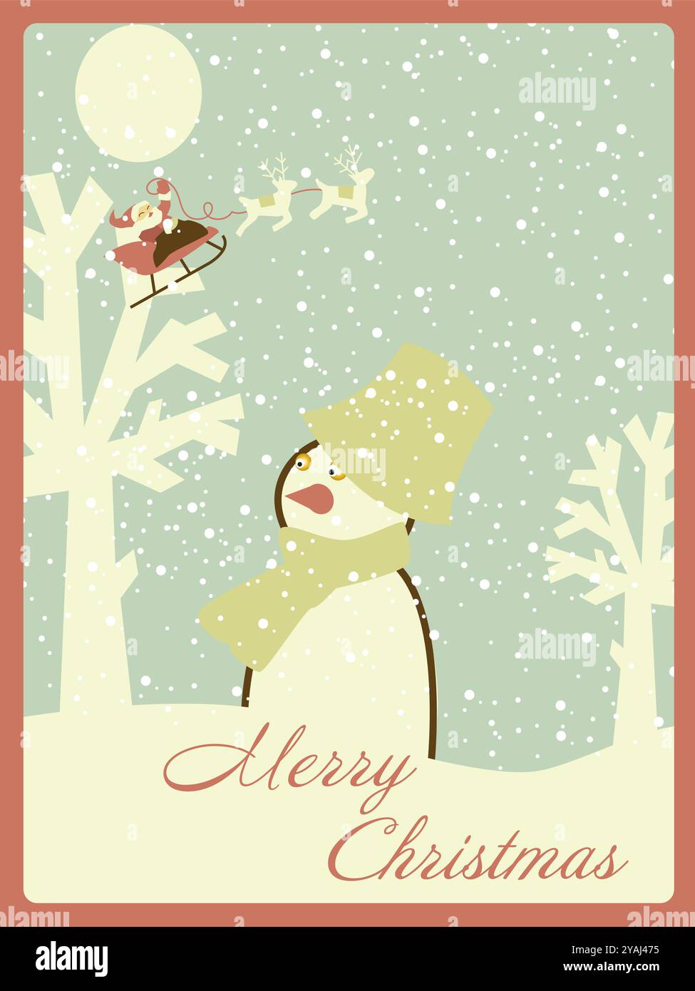 Pinguin steht mit einem Schal im Schnee. Der Pinguin schaut in die Kamera. Das Wort Merry steht unten auf dem Bild Stock Vektor