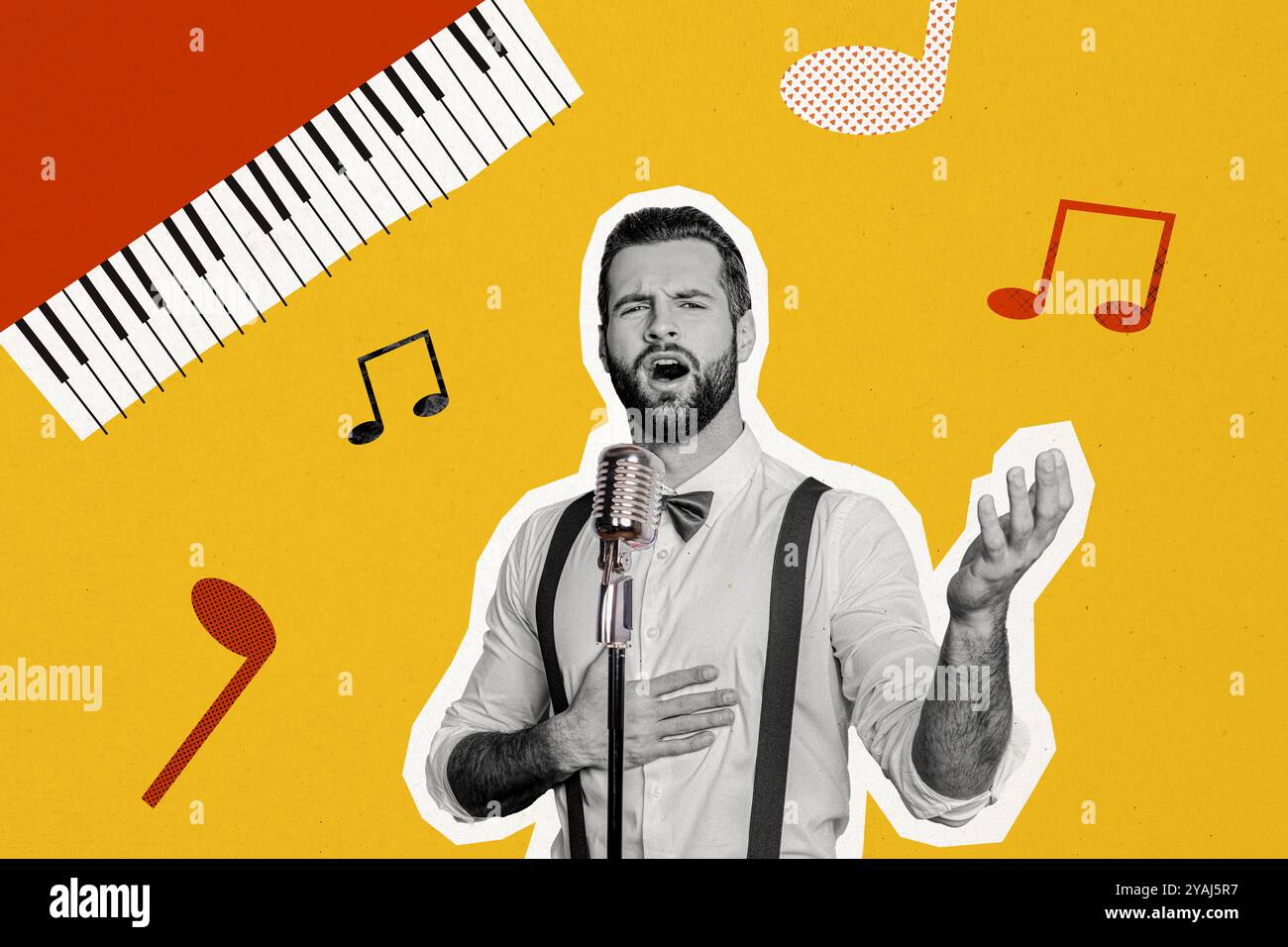Collage-Bild eines eleganten Mannes, der auf kreativem Hintergrund Mikrofonnotizen singt Stockfoto