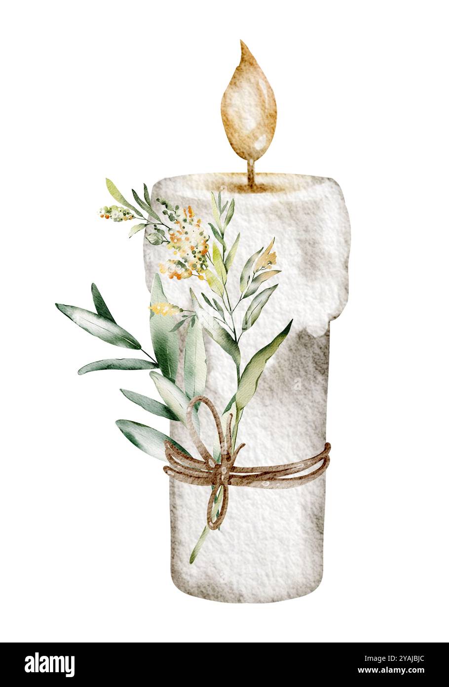 Aquarell Illustration Kerze mit einem Zweig grüner Pflanze Stockfotografie