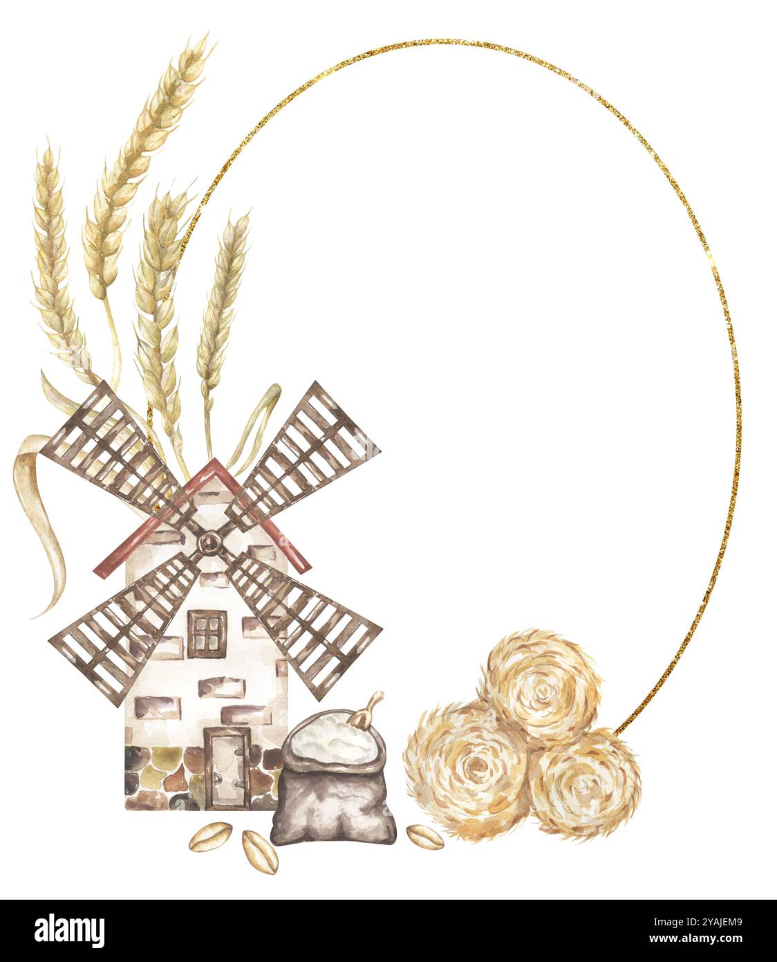 Aquarell handgezeichnete Weizenpflanze, alte Windmühle, Heuhaufen und Sack mit Mehlkranz Illustration Stockfoto