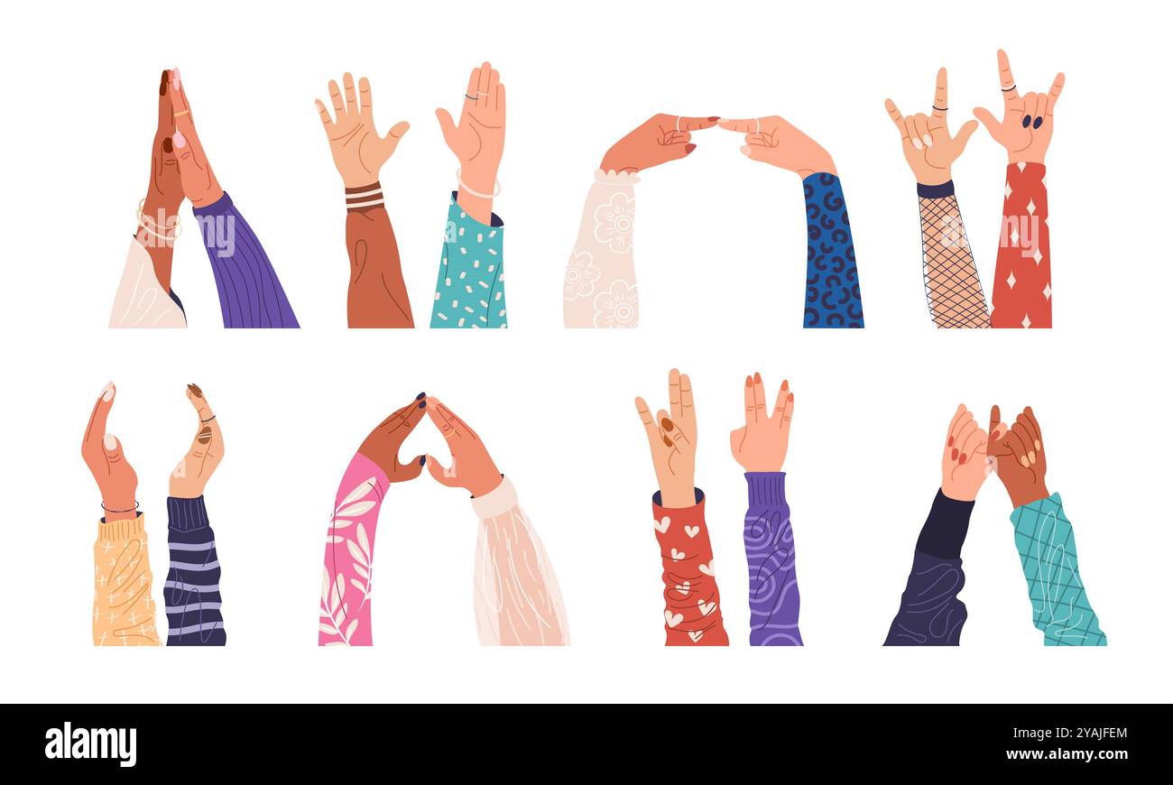 Weibliche Hände in verschiedenen Hauttönen zeigen Gesten Stock Vektor