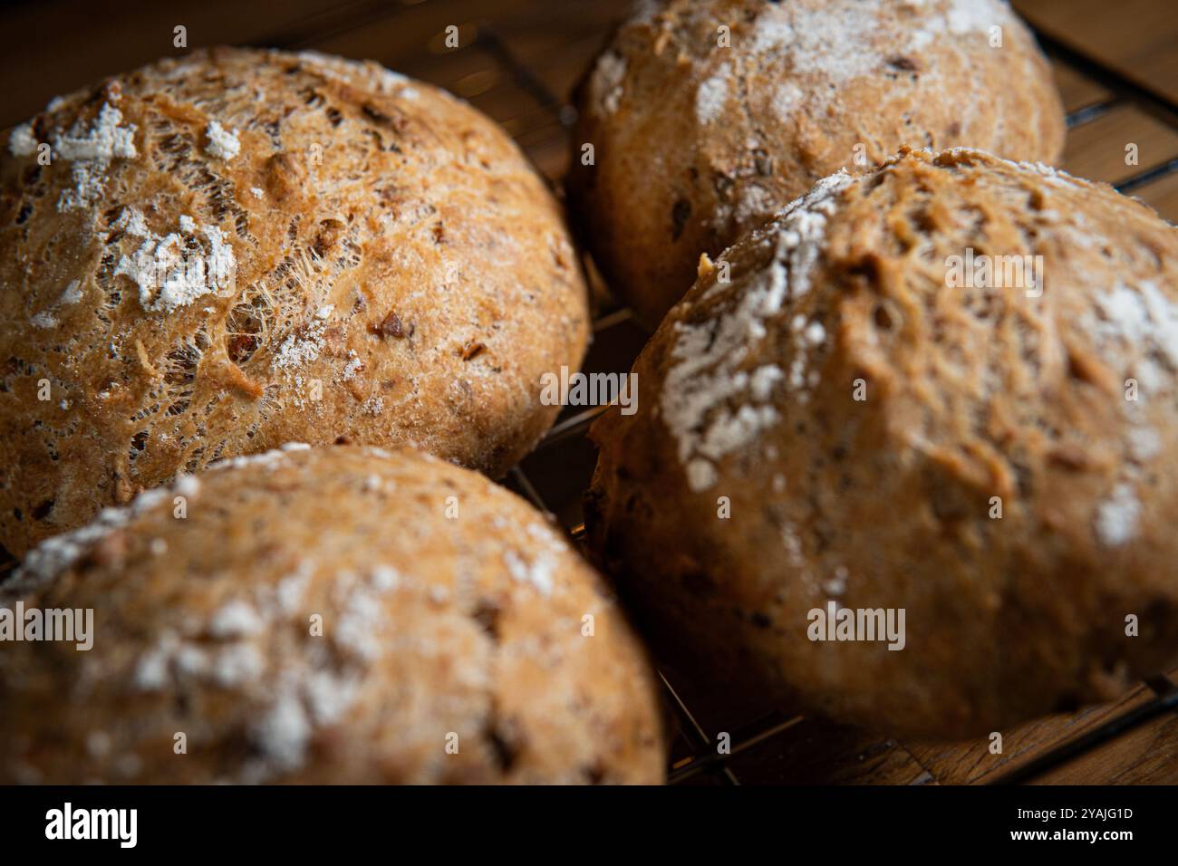 Vier klassische Bauernbrotbrötchen auf einem Grill. Diese hausgemachten rustikalen Rollenkugeln bestehen aus biologischem Vollkornweizenmehl (Sauerteig) Stockfoto