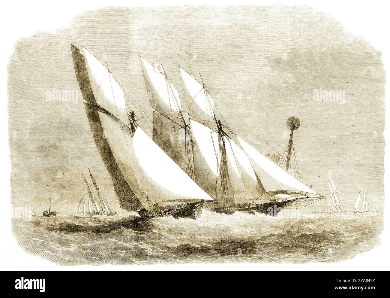 BILDER VON GESTERN - VERWALTET VON PPL - COPYRIGHT RESERVEDCIRCA 1862: Jährliches Schonrennen des Royal Thames Yacht Club. Die Yachten bei der mou Stockfoto