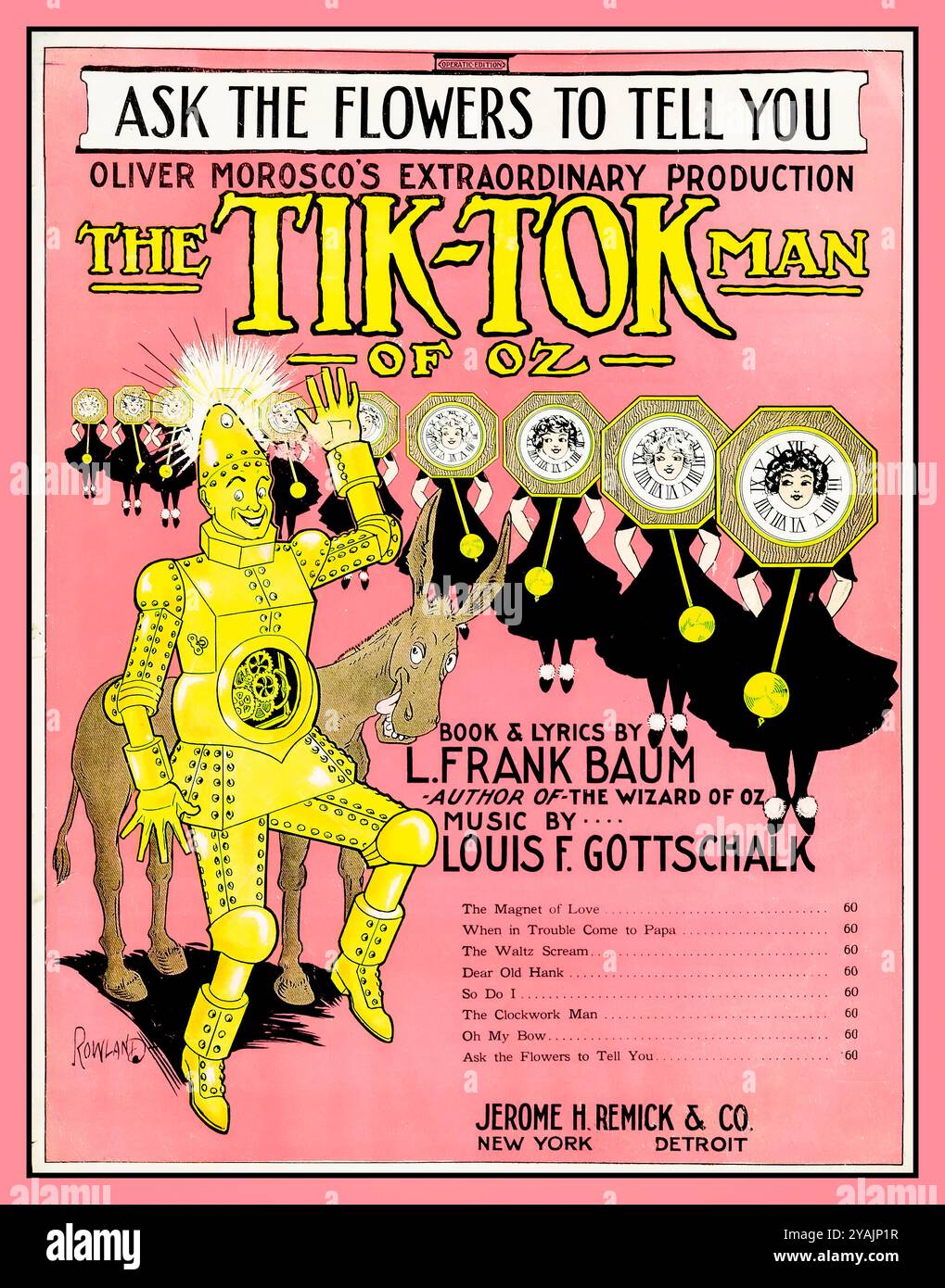 The Tik-Tok man of Oz ist ein Musical-Stück aus dem Jahr 1913, das auf L. Frank Baums Oz-Serie basiert, wobei das Cover der Produktion um 1915 veröffentlicht wurde. Es war das letzte Stück, an dem Baum persönlich vor seinem Tod 1919 arbeitete, und es enthielt Charaktere und Themen aus seinen Oz-Büchern, die Fantasy und Abenteuer mit eingängigen, skurrilen Liedern vermischten. TIK-TOK MAN OF OZ Notencover für ein 1915er Stück Wizard of Oz, das letzte von L. Frank Baum. Stockfoto