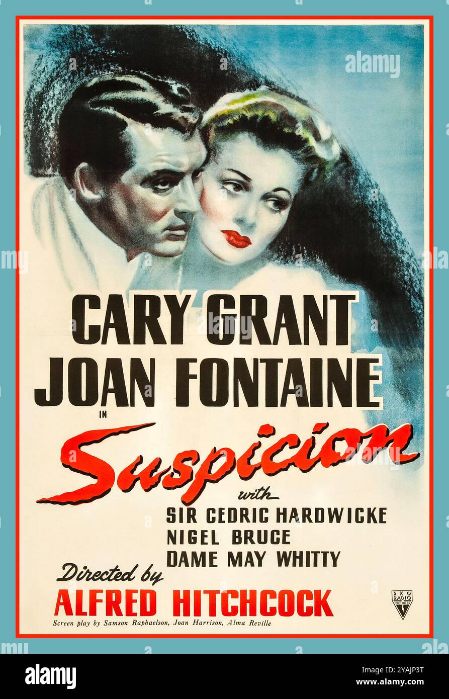 Misstrauen ist ein US-amerikanischer Psychothriller von Alfred Hitchcock aus dem Jahr 1941 mit Cary Grant und Joan Fontaine als verheiratetes Paar. Außerdem sind hier Sir Cedric Hardwicke, Nigel Bruce, Dame May Whitty, Isabel Jeans, Heather Angel, und Leo G. Carroll. Misstrauen basiert auf Francis Iles’ Roman Before the Fact (1932). Regie führte Alfred Hitchcock mit Cary Grant Joan Fontaine. Theaterplakat für die amerikanische Veröffentlichung des Films Misstrauen aus dem Jahr 1941. Datum 1941 Stockfoto