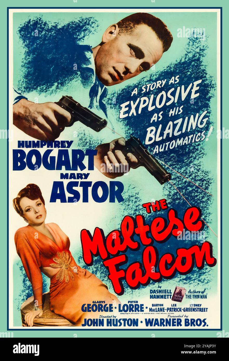 DER MALTESE FALKE mit Humphrey Bogart und Mary Astor das Theaterposter für den Film „der Maltese Falke“ aus dem Jahr 1941 ist ein ikonisches Stück der Filmgeschichte, das das klassische Genre Film Noir repräsentiert. Diese Adaption basiert auf Dashiell Hammetts gleichnamigem Roman aus dem Jahr 1930 und ist bekannt für seine scharfen Dialoge, seine komplizierte Handlung und seine einprägsamen Charaktere. Stockfoto