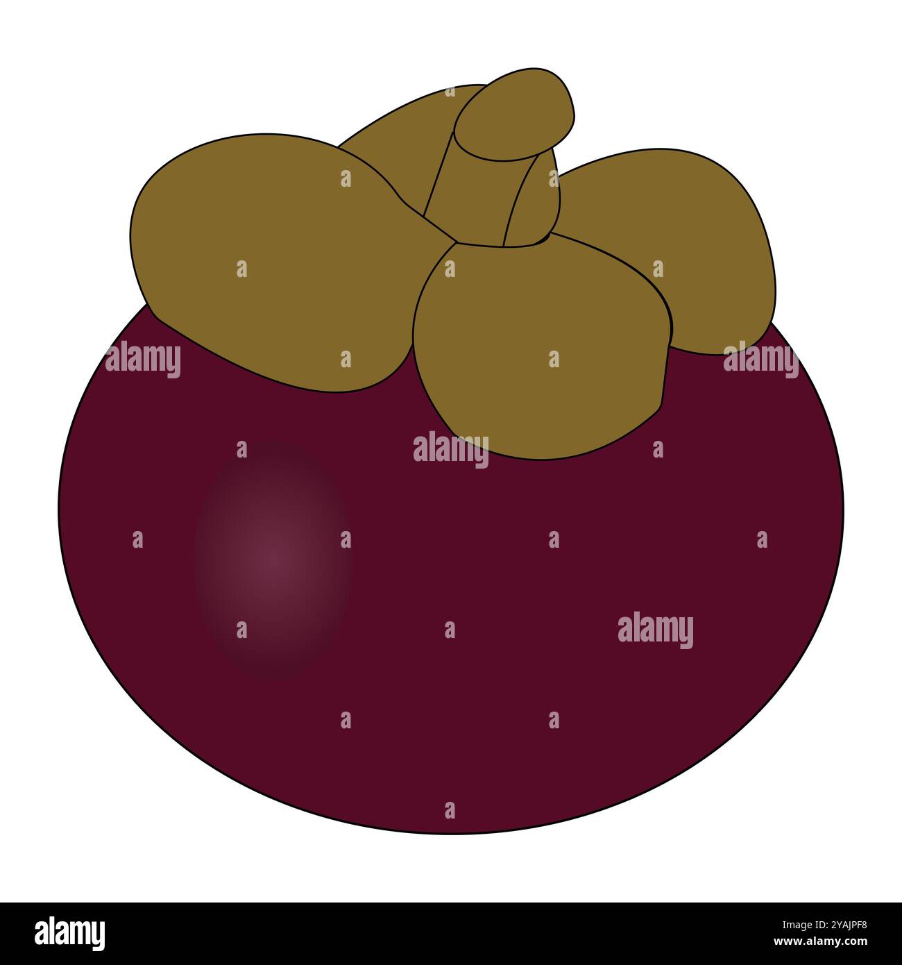 Minimalistisches Mangostanfrucht-Illustration-Design, eine lila Mangostanfrucht mit Blättern auf der Oberseite, geeignet für tropische Themenprojekte, gesunde Lebensmittel Stock Vektor