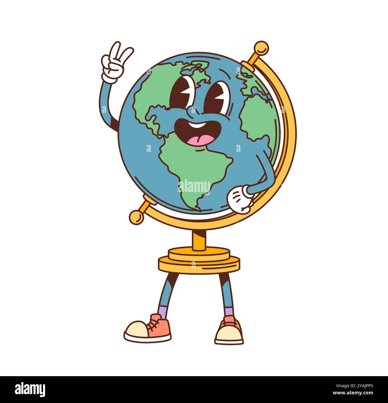 Grooviger Schulkugel-Charakter, der das Friedenszeichen blinkt. Isolierter Cartoon Vektor Erde Planet, Retro geographische Karte, Bildungsobjekt Person mit lächelndem Gesicht, zeigt einen freundlichen Gesichtsausdruck Stock Vektor