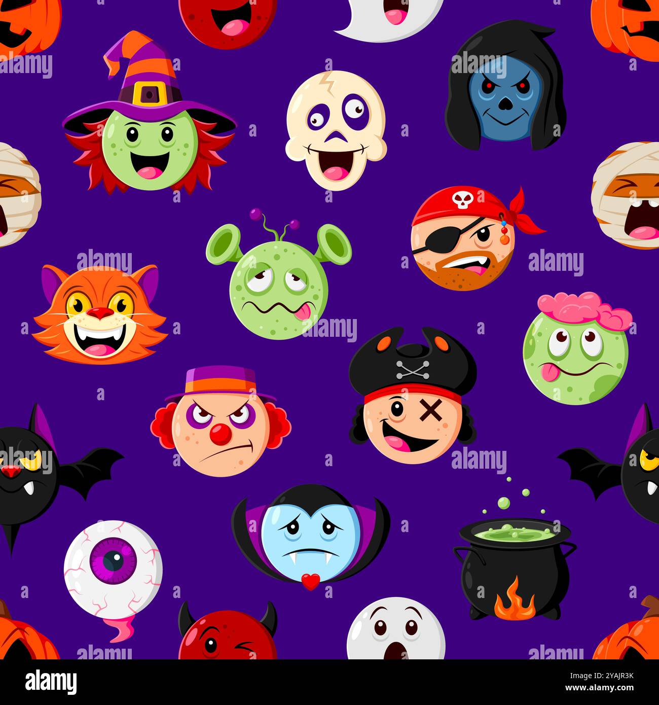 Nahtloses Muster für Halloween-Feiertage. Vektor-Hintergrund mit Katze, Hexe, Fledermaus und Piraten. Clown, Vampir, Kessel oder Augapfel mit Geist, Schädel und Mumie. Zombie, Teufel, Sensenmann und Alien Stock Vektor