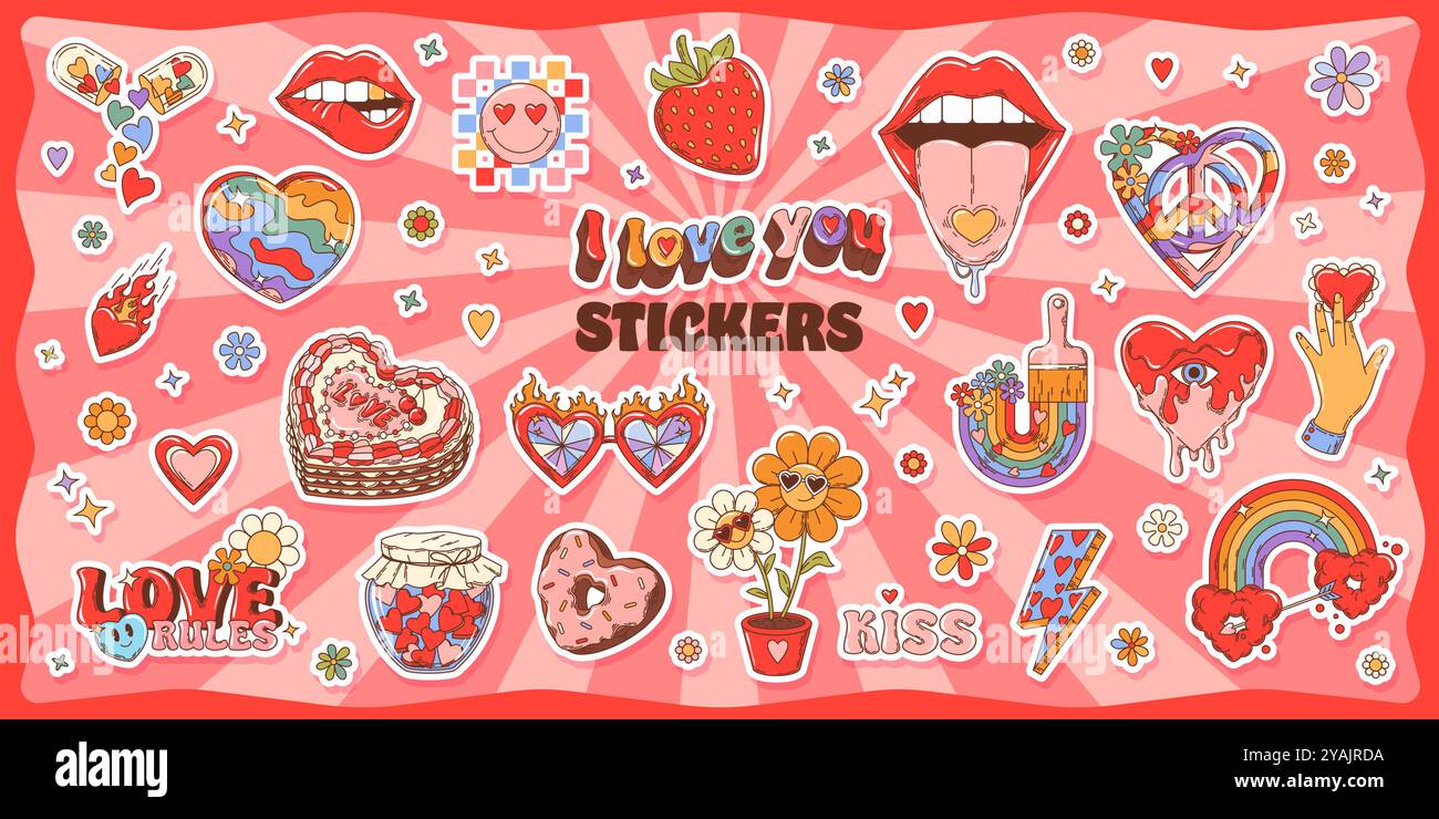 Groovige valentinstag-Love-Aufkleber und y2k-Aufkleber. Zeichentrickherzen, Blumen, Lippen, Friedenssymbole, liebebezogene Sätze und Regenbogen, Sonnenbrillen und Süßigkeiten in Retro-Hippie-Ästhetik und auffälligen Farben Stock Vektor