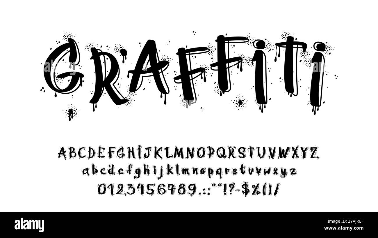 Graffiti-, Spraybuchstaben-Schriftart. Schwarzes Alphabet mit tropfender Farbe. Vektorreiche Groß- und Kleinbuchstaben, Zahlen und Sonderzeichen mit Street-Art-Ästhetik für urbane Kultur Stock Vektor
