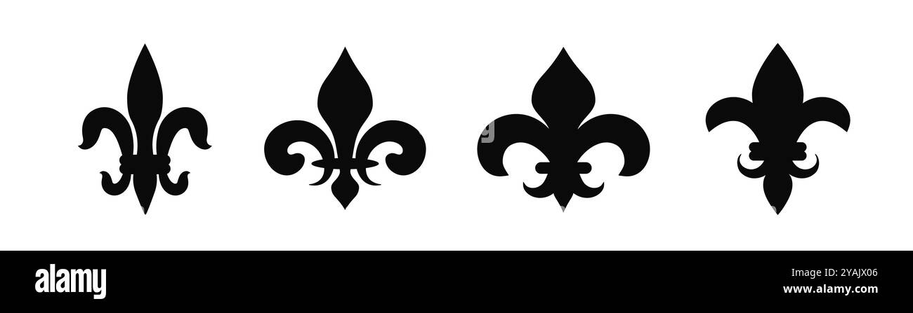 Schwarze heraldische französische Lilie. Mittelalterliche Wappenblume. Dunkles Fleur de Lis-Symbol. Stock Vektor