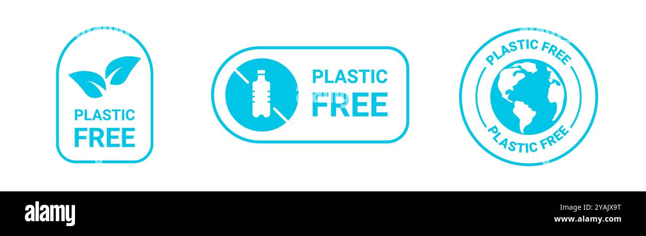 Blauer, plastikfreier Aufkleber. Safe Planet Logo für umweltfreundliche Produkte. Stock Vektor