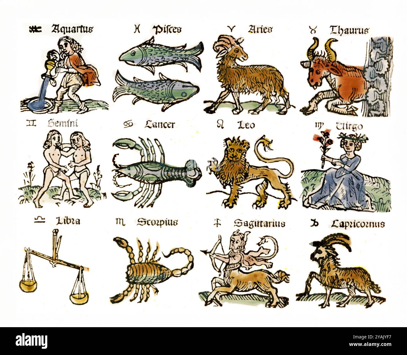 Die Zeichen des Zodiac. Ein deutscher Holzschnitt der zwölf Tierkreiszeichen aus dem 16. Jahrhundert Stockfoto