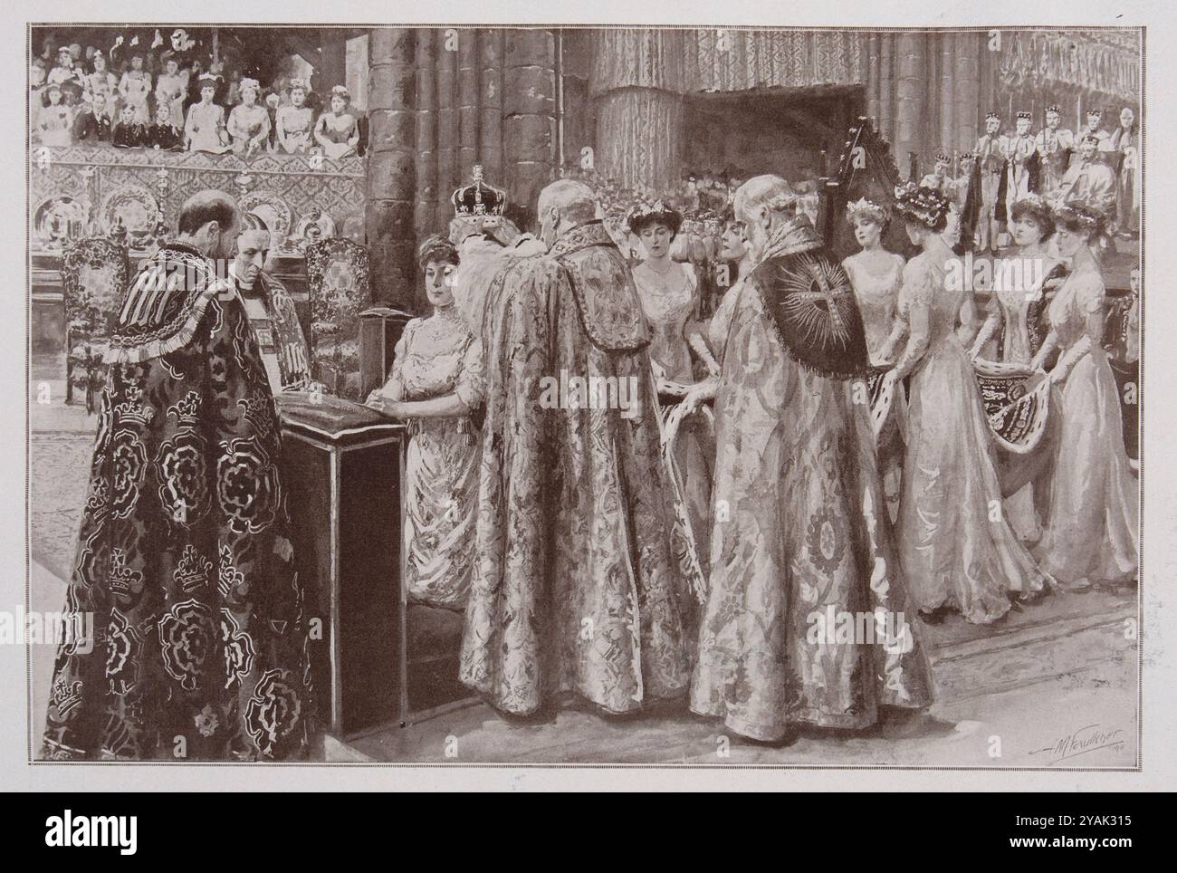 Krönung von König Georg V. die Krönung von Königin Maria. Sie knien vor ihrem Prie-Dieu und erhält die Krone vom Erzbischof von Canterbury. London. 1911 die Krönung der Königin folgt der Krönung des Königs. Sie kniet vor einem Prie-Dieu vor dem Altar. Der Erzbischof salbt ihre Stirn mit dem heiligen Öl, legt dann einen goldenen Ring auf den Ringfinger ihrer rechten Hand und legt schließlich die Krone auf ihr Haupt – „eine Krone der Ehre, der Tugend“. Stockfoto