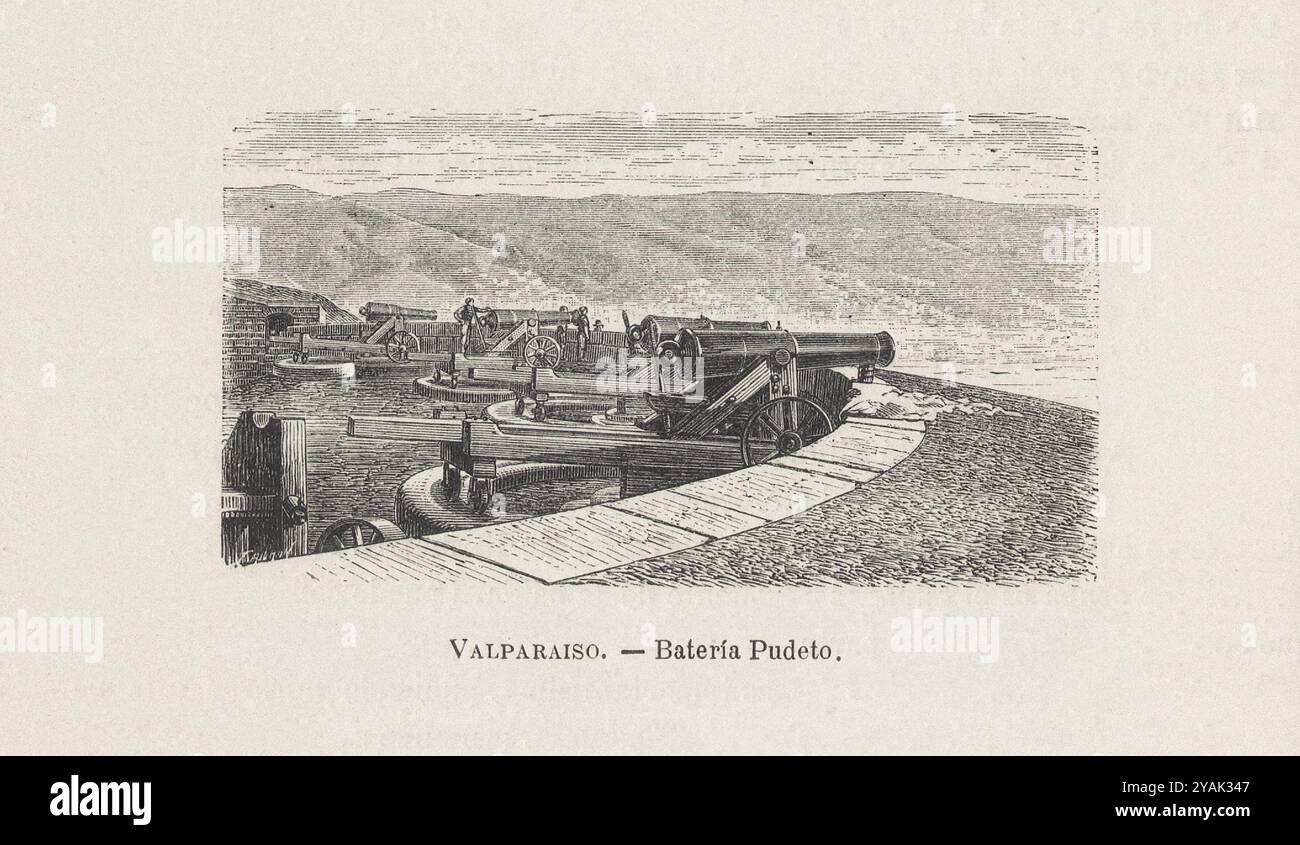 Valparaiso des 19. Jahrhunderts. Pudeto-Akku. Chile. 1872 Pudeto-Akku. - An der Spitze des Hügels Cruces, direkt bei Cabriteria, zwischen dem Sinkloch der Eisenbahn und dem Fort Andes. Sein Bau ist begraben und seine Höhe beträgt 31 Meter über dem Meeresspiegel. Es hat drei Seiten, die seine Brände mit denen von Papudo im Norden, mit Valdivia und Bueras im Vordergrund und im Süden mit Anden und Baron kreuzen. Stockfoto