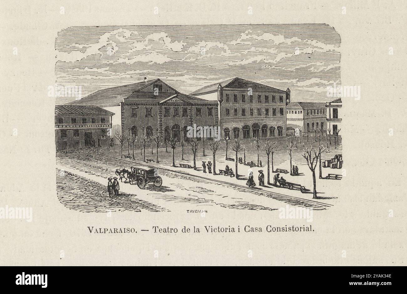 Valparaiso des 19. Jahrhunderts. Vintage-Illustration von Victoria Theater und Rathaus. Chile. 1872 Stockfoto