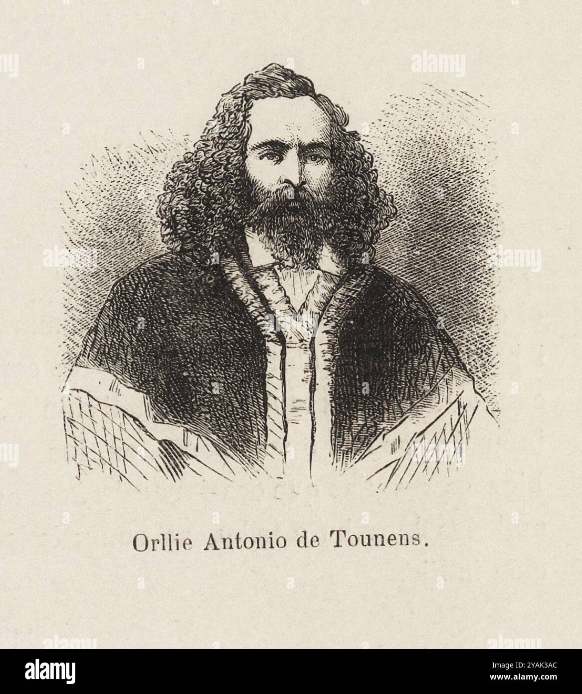 Orllie Antonio de Tounens. Orélie-Antoine de Tounens (1825–1878) war ein französischer Avoué und Abenteurer, der am 17. November 1860 und 20. November 1860 durch zwei Dekrete verkündete, dass Araucanía und Patagonien von keinem anderen staat abhängig seien und dass er selbst König von Araucanía und Patagonien sei. Stockfoto