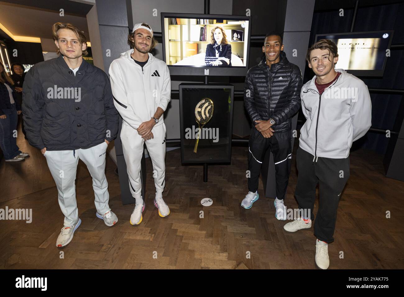 Antwerpen, Belgien. Oktober 2024. Der belgische Zizou Bergs, der griechische Stefanos Tsitsipas, der Kanadier Felix Auger-Aliassime und der australische Alex de Minaur, die während des Medientages des ATP European Open Tennis Turniers in Antwerpen am Montag, den 14. Oktober 2024, aufgenommen wurden. BELGA FOTO DAVID PINTENS Credit: Belga News Agency/Alamy Live News Stockfoto